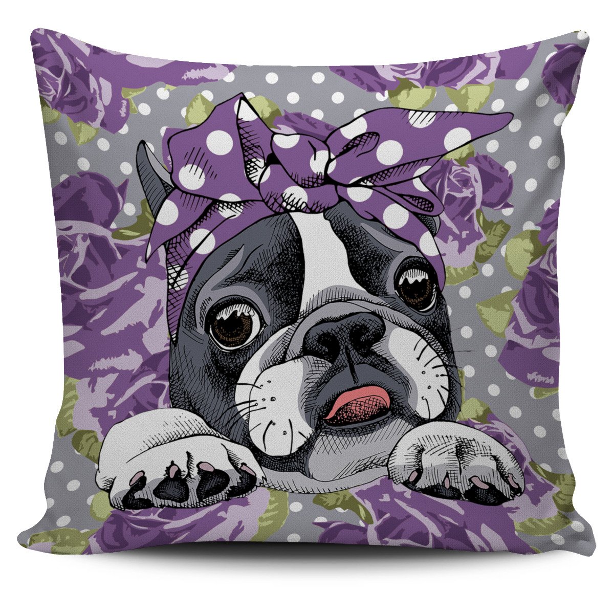 Floral Boston Terrier Purple Pillow Cover Square Pillow Decorative Gift For Home Decoration 45x45cm